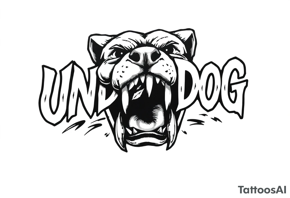 the word underdog with dog teeth connected to the bottom tattoo idea
