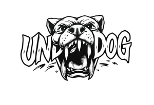 the word underdog with dog teeth connected to the bottom tattoo idea