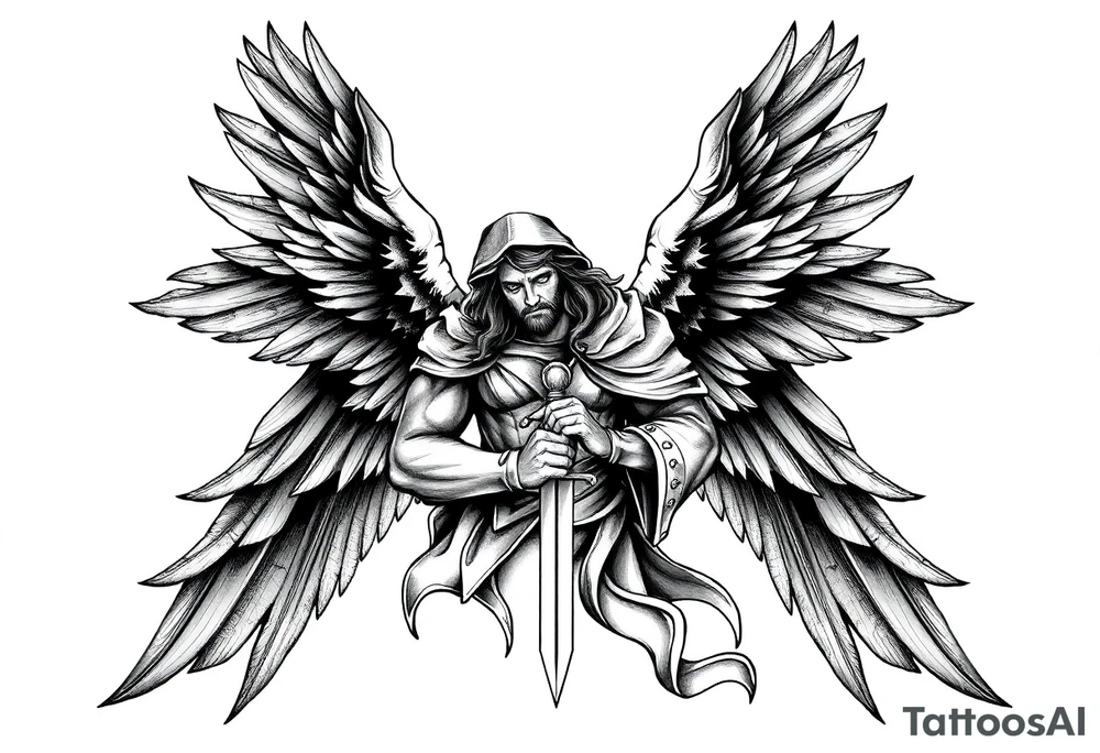Holy Archangel, Biblical, Christianity, Hebrew, Guards of Christianity, Holding a sword, having six wings, seraphim, seek justice, love mercy, walk only with God tattoo idea