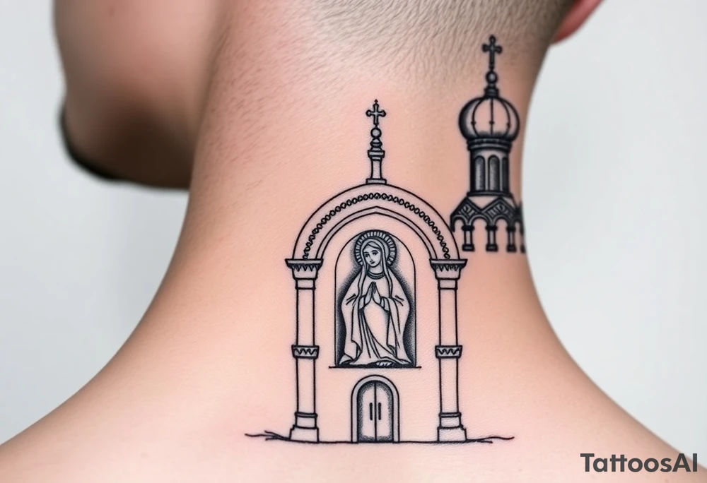 medium sized Russian orthodox church with bulb domes with a prominent russian orthodox mosaic virgin mary tattoo idea