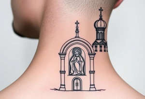 medium sized Russian orthodox church with bulb domes with a prominent russian orthodox mosaic virgin mary tattoo idea