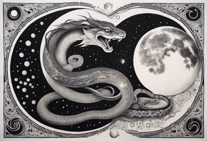 Snake wrapping around the moon phases and hades and Persephone constellations tattoo idea