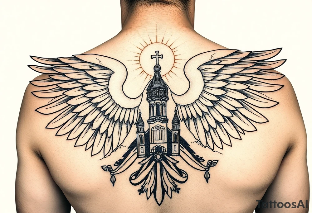 an actual russian coat of arms with the eagles wings spanning out on my back neck across my shoulders / traps with a orthodox christian church being visible in a mountainous sun beaming setting, with the russian orthodox cross spire of the orthodox church being visible on my neck with a sun beaming in the background that the cross sits inside tattoo idea