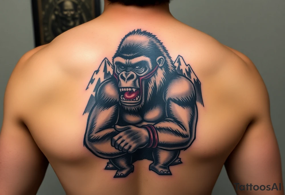 Silverback gorilla wearing amateur wrestling attire for a match as a person would. The surrounding area is mountainous jungle tattoo idea