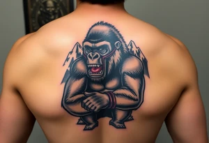 Silverback gorilla wearing amateur wrestling attire for a match as a person would. The surrounding area is mountainous jungle tattoo idea