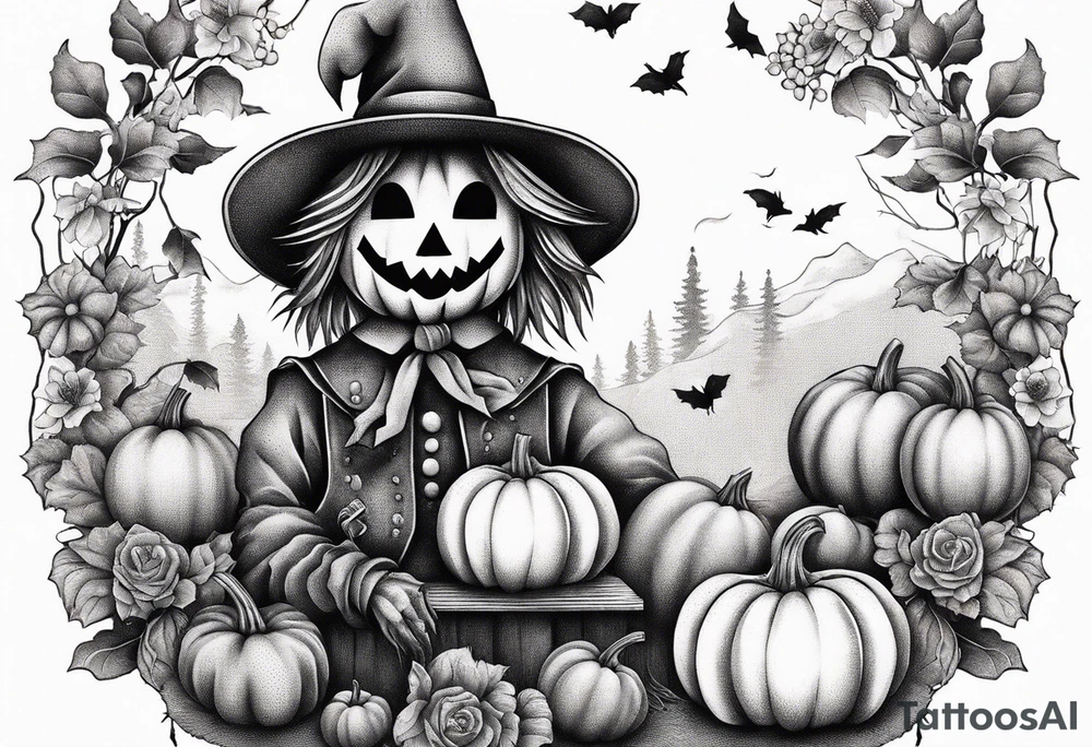 friendly scarecrow with pumpkins and flowers tattoo idea