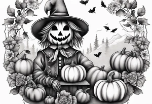 friendly scarecrow with pumpkins and flowers tattoo idea