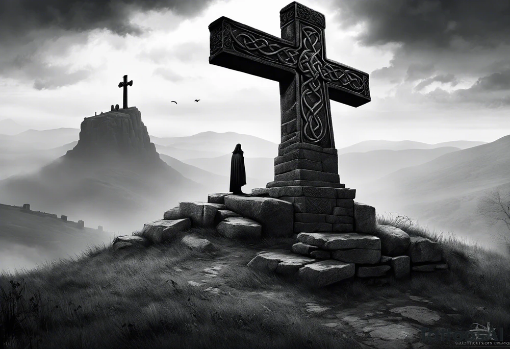 A stone Celtic cross solemnly standing atop a hill, a raven perches atop the cross in mourning. A ruined stone wall lies crumbling near the cross. Mist rolls along the hilltops adding to the melancholic nature of the scene tattoo idea
