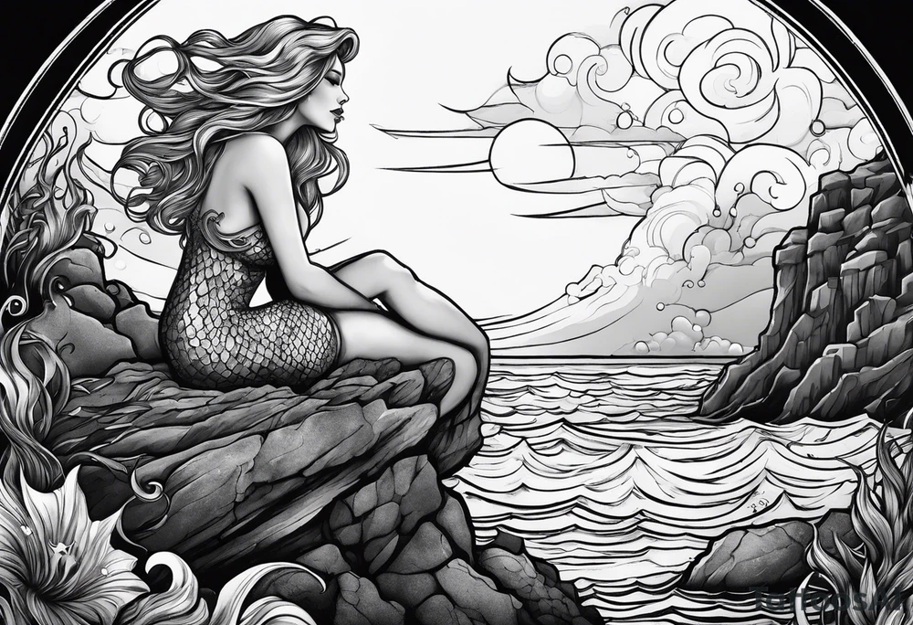 One evil mermaid and one good mermaid on a rock looking out into the night sky and ocean horizon tattoo idea