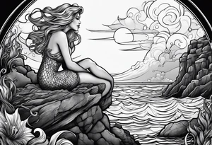 One evil mermaid and one good mermaid on a rock looking out into the night sky and ocean horizon tattoo idea