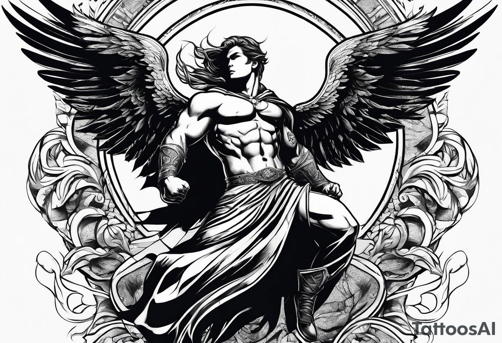 Angel in the pose of a superhero landing tattoo idea