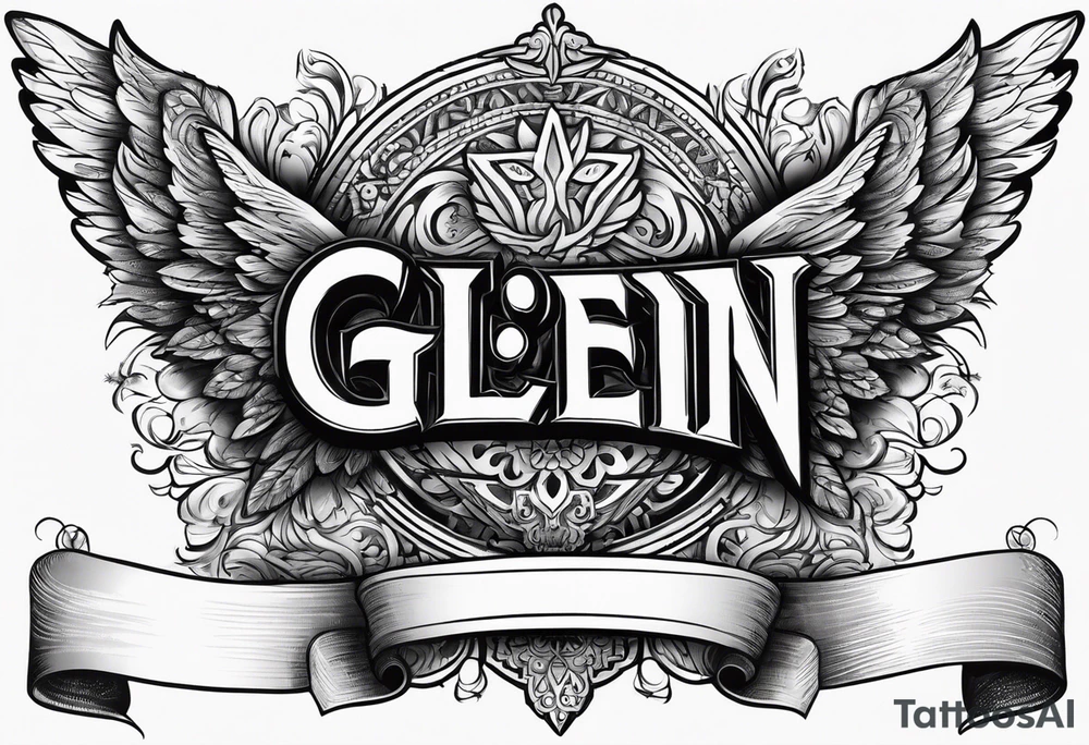 The word Glenn on a banner with angel Wings tattoo idea