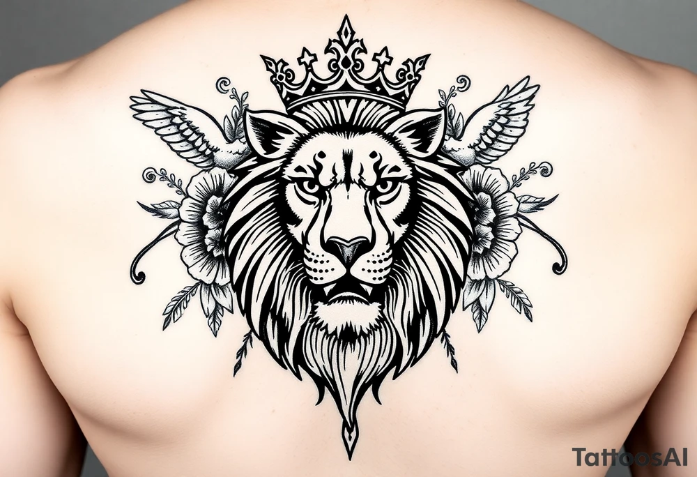 powerful majestic lion with a crown, surrounded by floral ornaments and birds tattoo idea