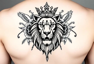powerful majestic lion with a crown, surrounded by floral ornaments and birds tattoo idea