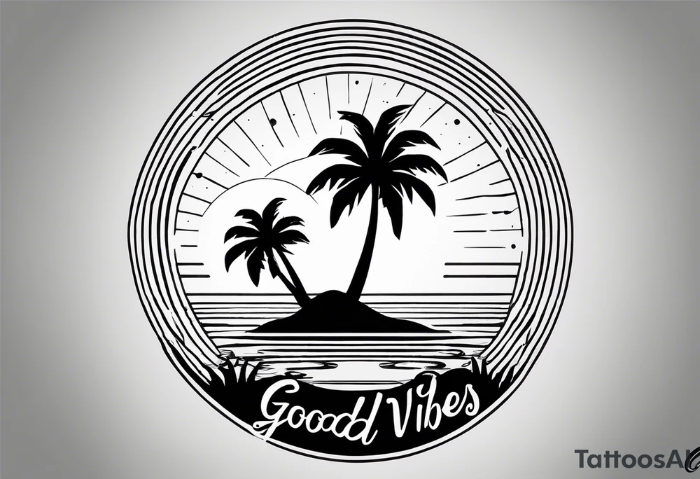 a minimalist tattoo of a sun and a palm tree with the words good vibes below it, make it only small and can fit in a circle tattoo idea