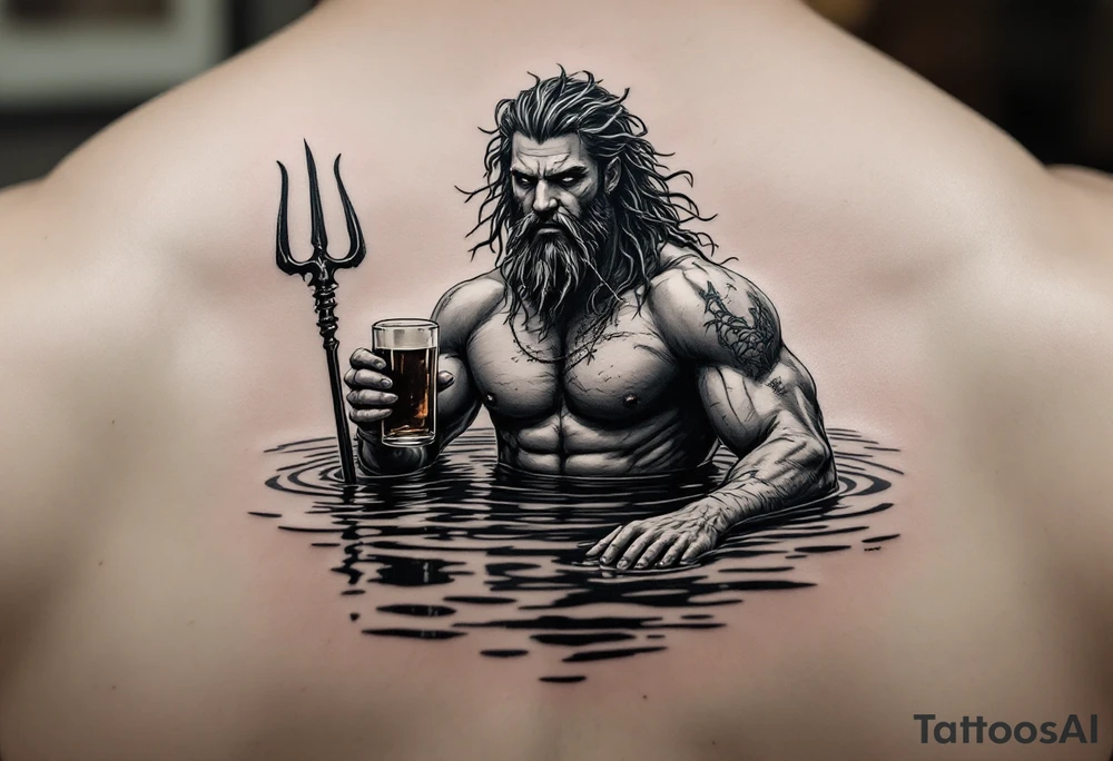 young, fit poseidon in calm water, holding a trident, drinking a beer, with a barefoot on his bicep tattoo idea