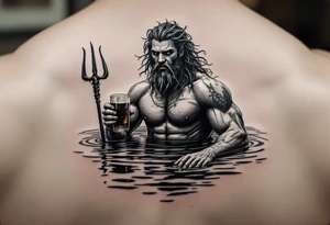 young, fit poseidon in calm water, holding a trident, drinking a beer, with a barefoot on his bicep tattoo idea