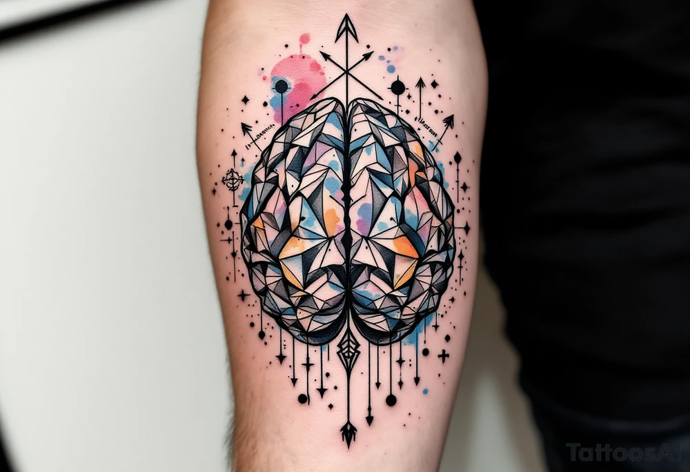 A front-seen brain in geometric and straight lines, with few watercolor details but mostly black, symbols representing intelligence, creativity and dreaming flying arround, the phrase "It begins with a dream" and an arrow crossing from above with watercolors leaking from it tattoo idea