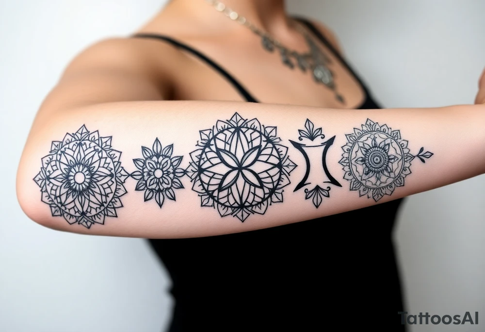 Geometric floral circles with 5 Symbolic elements for each family member. Two base elements for my husband and I, intertwined floral patterns like mirrored vines or spiral paisleys representing our identical twins, and a Gemini zodiac sign for my son. Use feminine-yet-bold linework and Interconnected elements to reflect family unity tattoo idea