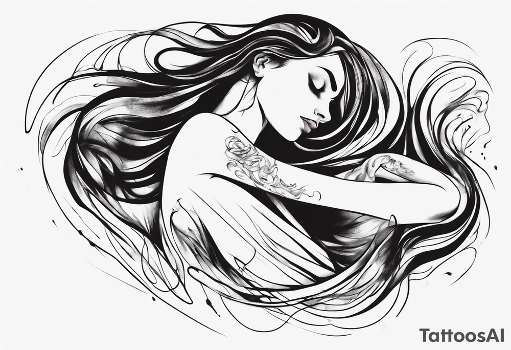 abstract woman laying with her back facing the front and her hair flowing tattoo idea