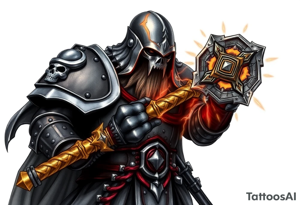 Warhammer, the Old World. A warrior priest of Sigmar holding The Warhammer of Sigmar. The Warhammer of Sigmar is radiating thunderous energy. The Warhammer is held by the warrior priest with both hands at the shaft with a firm grip, upon his chest level. The Warrior priest is wearing dark alloyed heavy armour (reference armor from warhammer vermintide 2 Victor Saltzpyres, the warrior priest of Sigmar class) with skull sigils on his shoulder pads. The warrior priest is wearing a helmet, while the helmets front visor has an humanoid metal face covering. The helmet and armour are gladened with hints of gold and crimson red. The Warhammer is silverish and golden with a long shaft with twisted carvings. tattoo idea