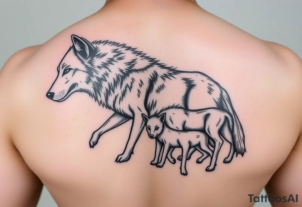 A solitary yet sublime and noble wolf and its progeny. tattoo idea