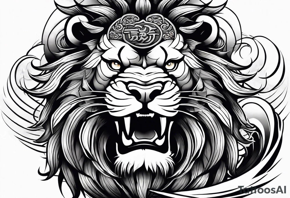 samurai lion with big wave on background for arm tattoo idea