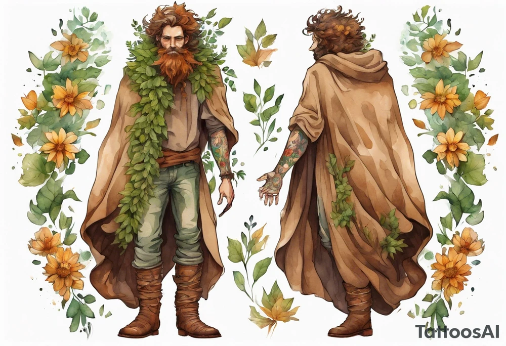 A tall, beautiful tree-man hybrid with leafy hair and a cloak made of flowers. Wearing brown mukluks. tattoo idea