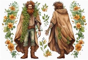 A tall, beautiful tree-man hybrid with leafy hair and a cloak made of flowers. Wearing brown mukluks. tattoo idea