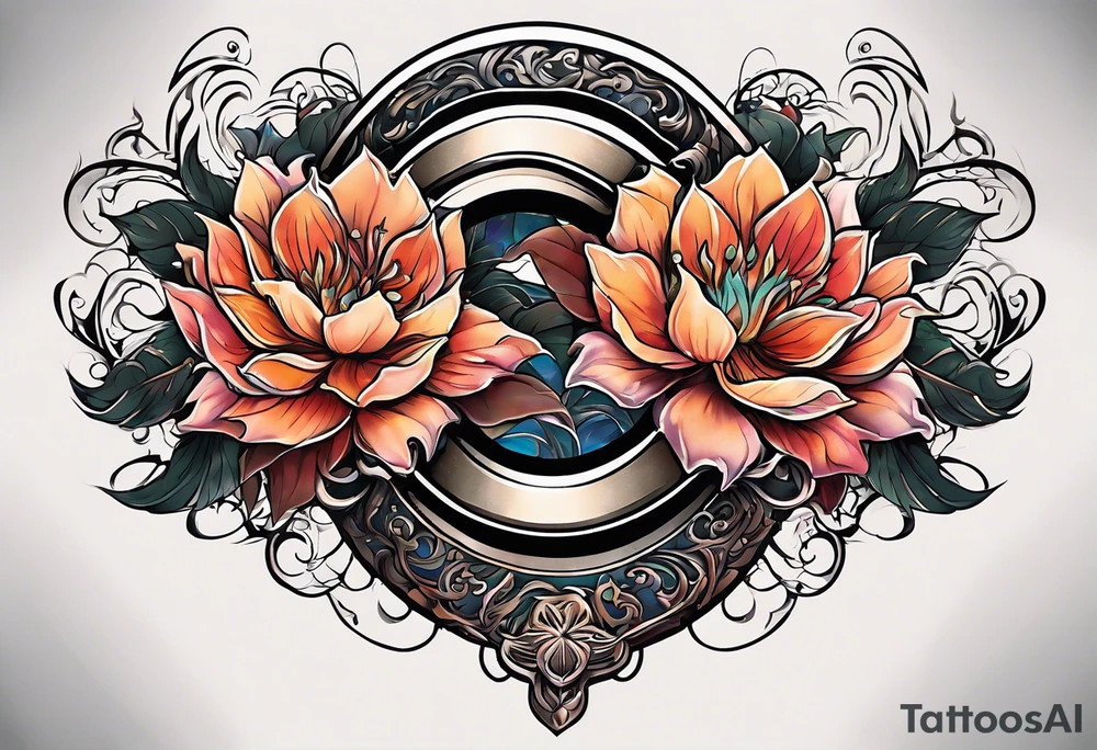 Makes an image that MIXES with lightsabers, charizard, nezuko kamado, or a ring, wands, dragons, WITH FLOWERS tattoo idea