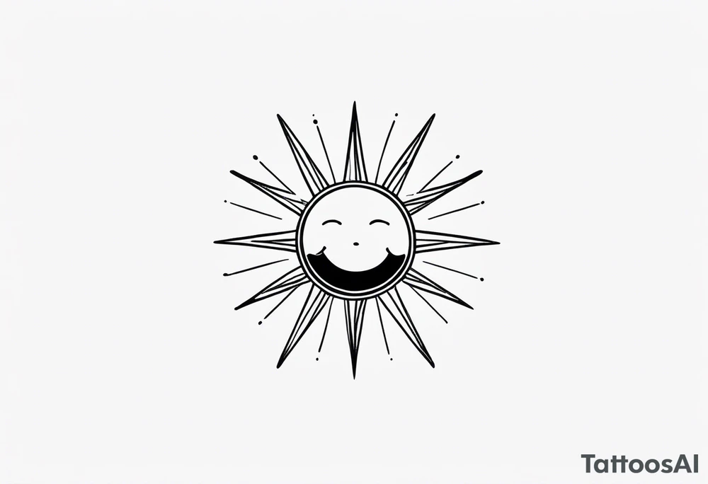 black tiny simple sun. a circle with simple strings. tiny smiley in the sun. thin lines. tattoo idea
