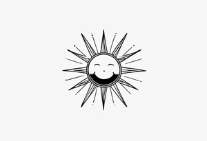 black tiny simple sun. a circle with simple strings. tiny smiley in the sun. thin lines. tattoo idea