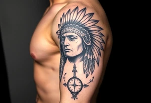 Indian headdress in the sun a compass and a clock and arrowhead tattoo idea