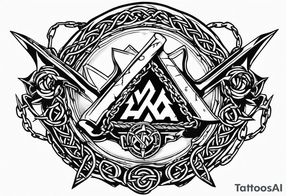 Valhalla sword shield dragon axe Valknut barbed wire chains tattoo idea Valhalla sword shield dragon axe Valknut barbed wire chains tattoo idea