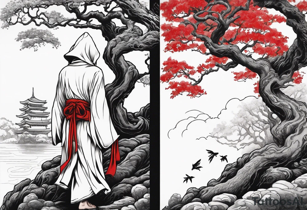 Three of bows.  Hooded man in white. Right hand up. Left hand holding a bow. A one red and one white snake intertwining going up the front of the robe. Large oak tree behind him. And two paths going around him and the tree. tattoo idea