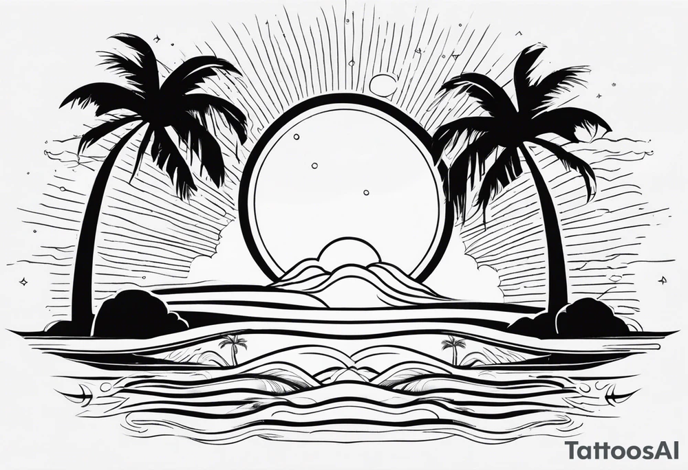 a minimalist tattoo of a sun and a palm tree with the words good vibes in it tattoo idea