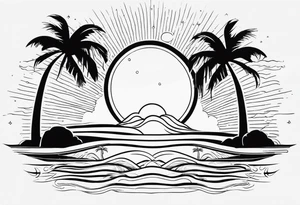 a minimalist tattoo of a sun and a palm tree with the words good vibes in it tattoo idea