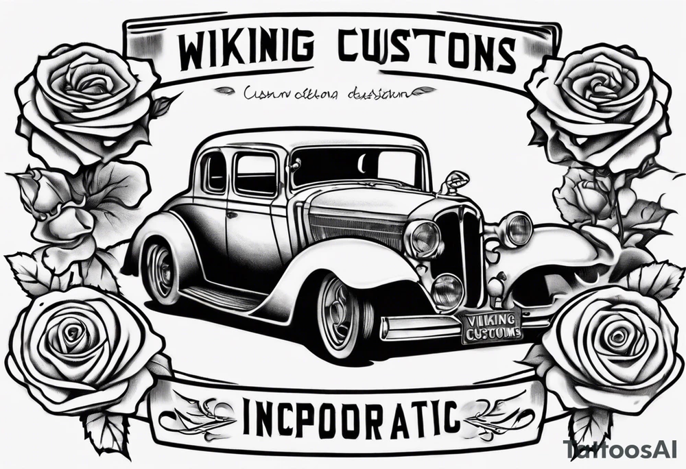 I want a tattoo of an old vintage classic car and a skeleton with roses in the back with the name “Viking Customs” incorporated in the design tattoo idea