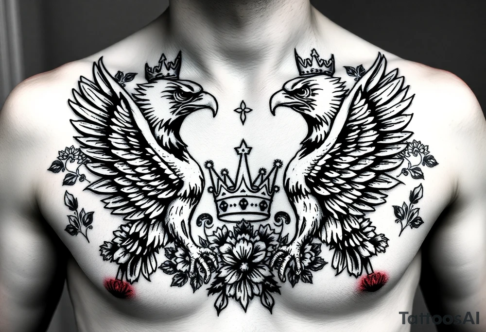Chest tattoo,powerful two symetrical majestic eagles with a crowns, surrounded by floral ornaments and lure, between eagles a crown tattoo idea