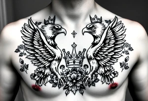 Chest tattoo,powerful two symetrical majestic eagles with a crowns, surrounded by floral ornaments and lure, between eagles a crown tattoo idea