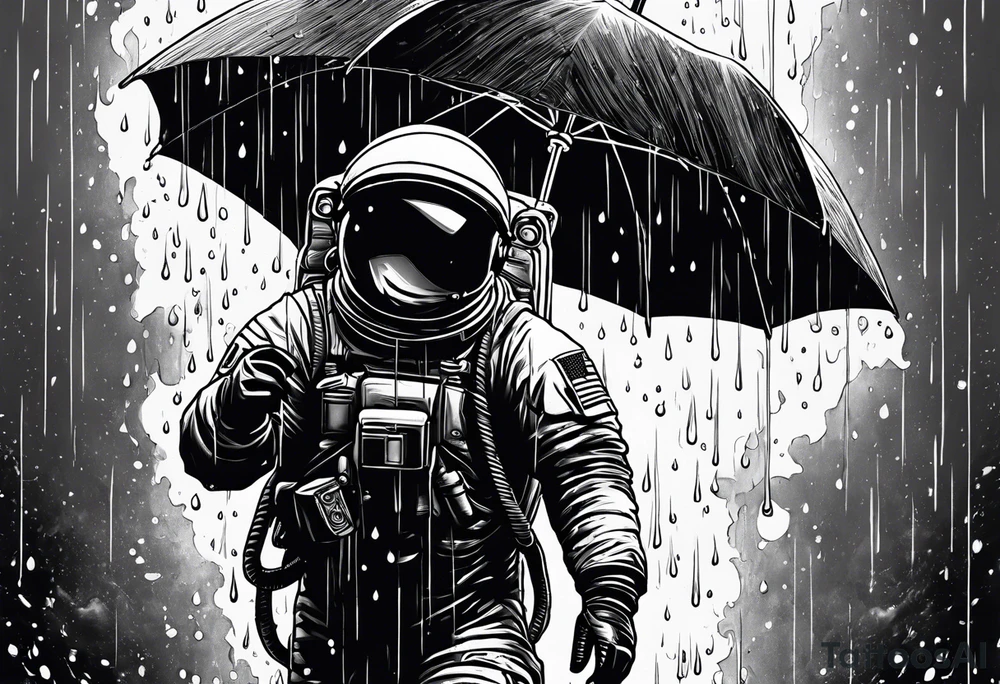 An astronaut holding an umbrella while it's raining showing the full body tattoo idea