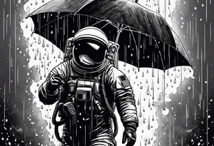 An astronaut holding an umbrella while it's raining showing the full body tattoo idea
