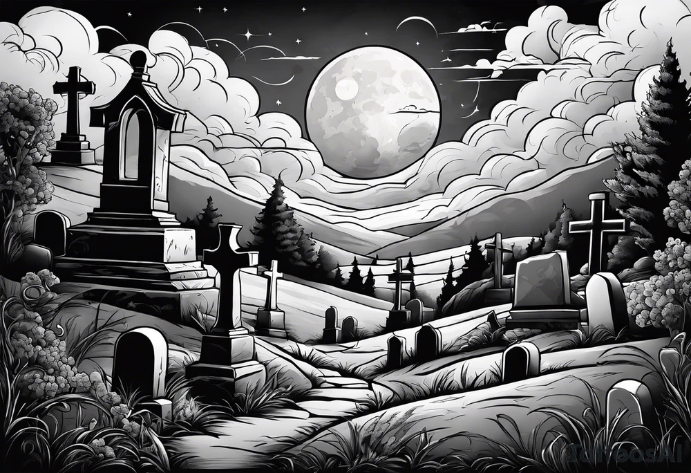 Graveyard with moon and smoke  on hills with clouds tattoo idea
