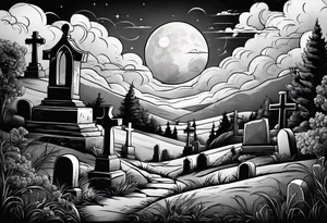 Graveyard with moon and smoke  on hills with clouds tattoo idea