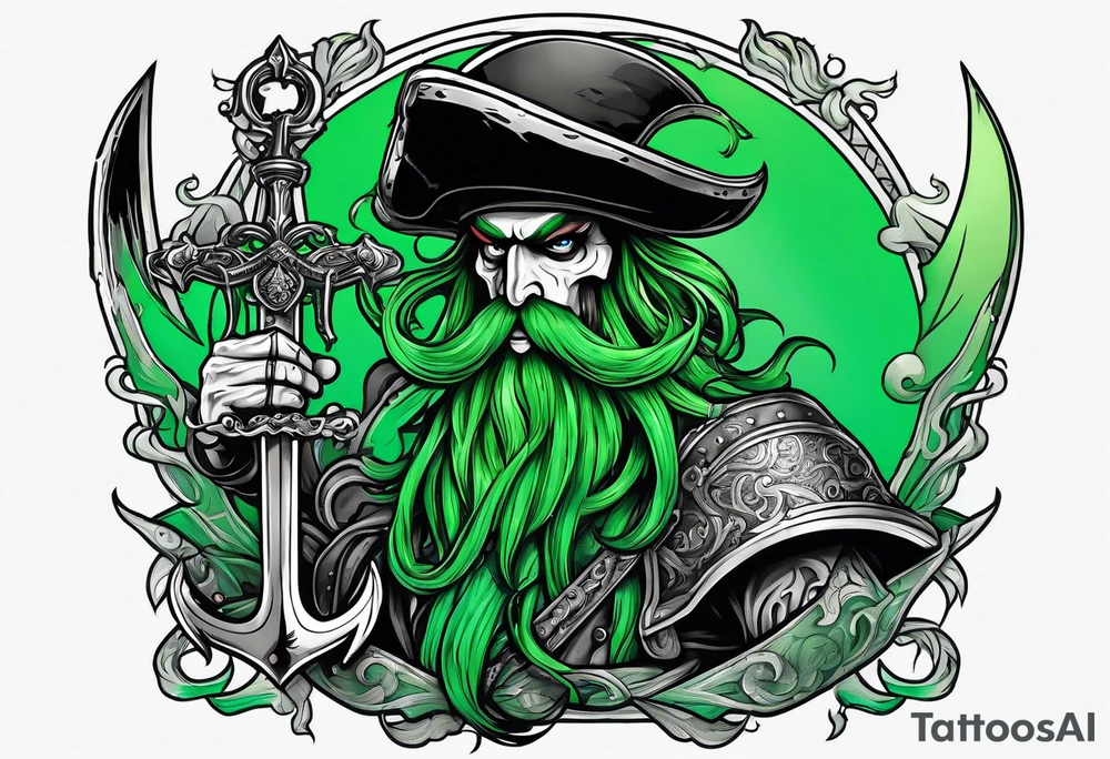 green pirate squid holding bloody sword and anchor, black hat, beard tattoo idea