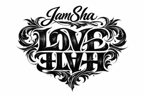 Love and hate combine to be one word read upright to spell love and upside down to spell hate under the word JamSha tattoo idea