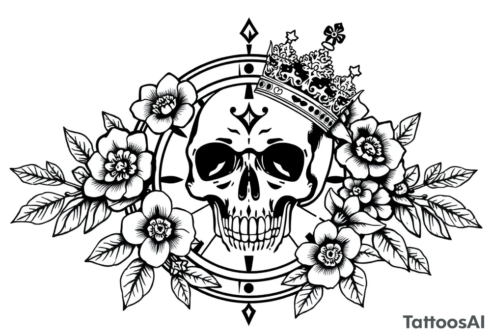 Compass with detailed beautiful gothic boho flowers on vine and skull with gorgeous crown tattoo idea