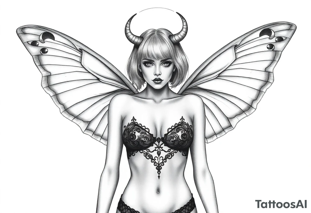 A powerful extremely sexy depiction of a start date with angel wings resembling that of a lunar moth and horns resembling the moths antennas with the son of of her head as if a Halo with two crescent men's off to each side full frontal nude with exotic see through lingerie with a sensual enticing glare short hair length of approximately 8 inches tattoo idea