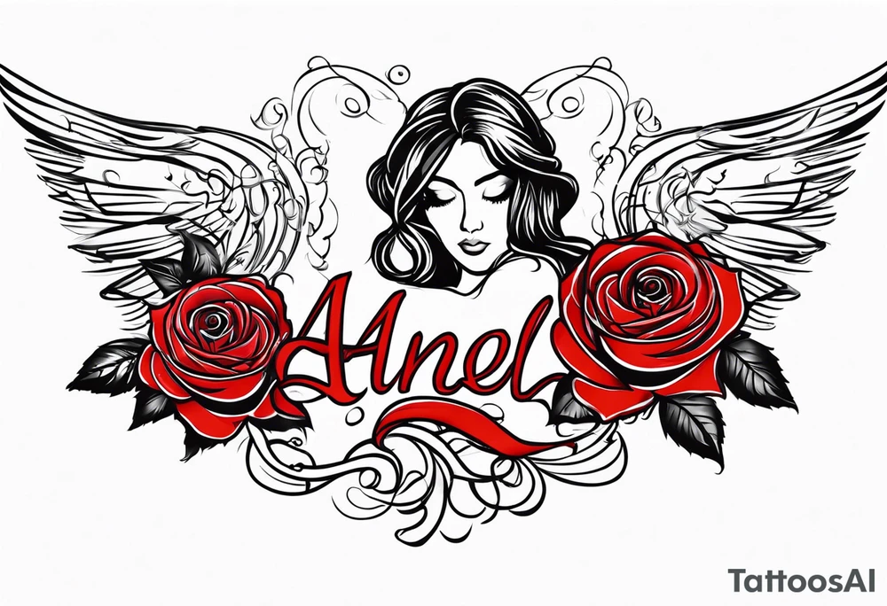 Angel, roses, name MARTINA tattoo idea