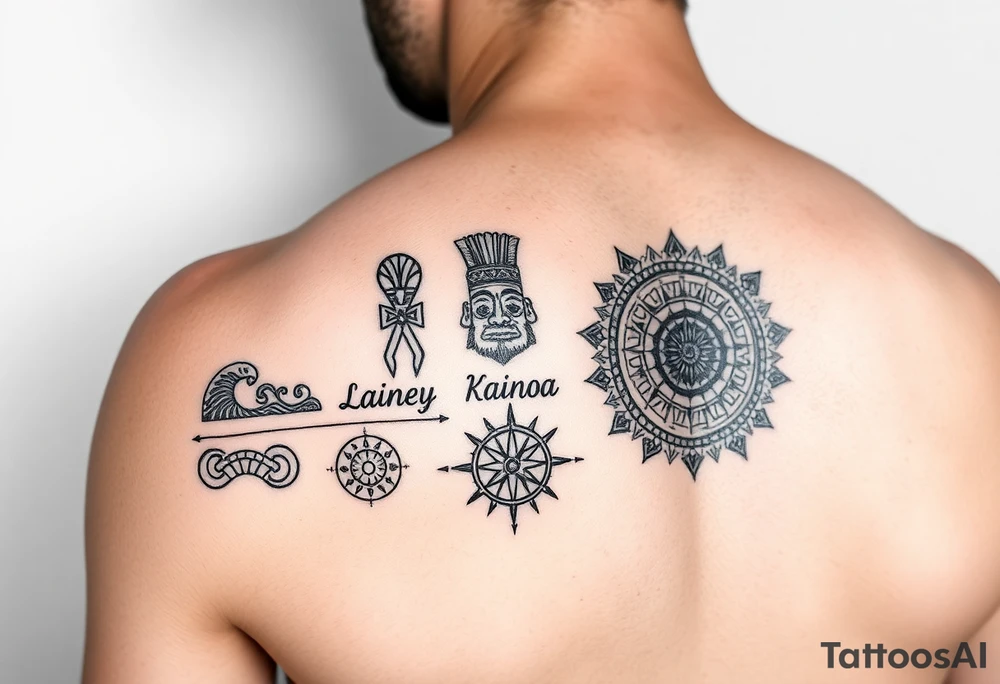 lower armband design with Polynesian symbols of waves, spearheads and tiki, scandanvian compass, igbo patterns symbolizing resilience, Native American circle representing wholeness. The names Lainey, Kainoa and Maya tattoo idea